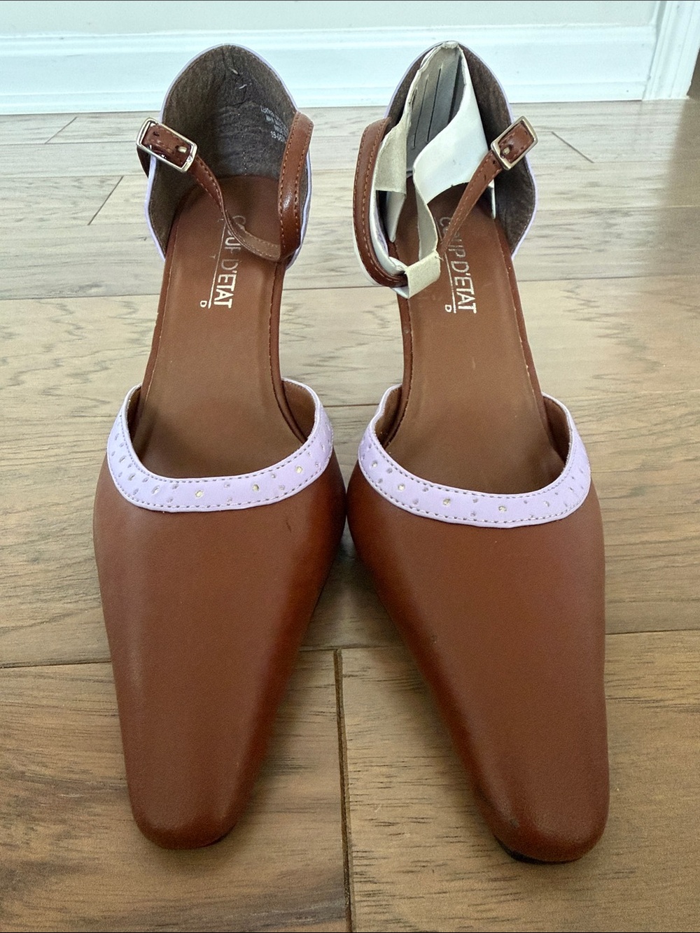 Brown and Lilac Pointed-Toe Ankle Strap Pumps
